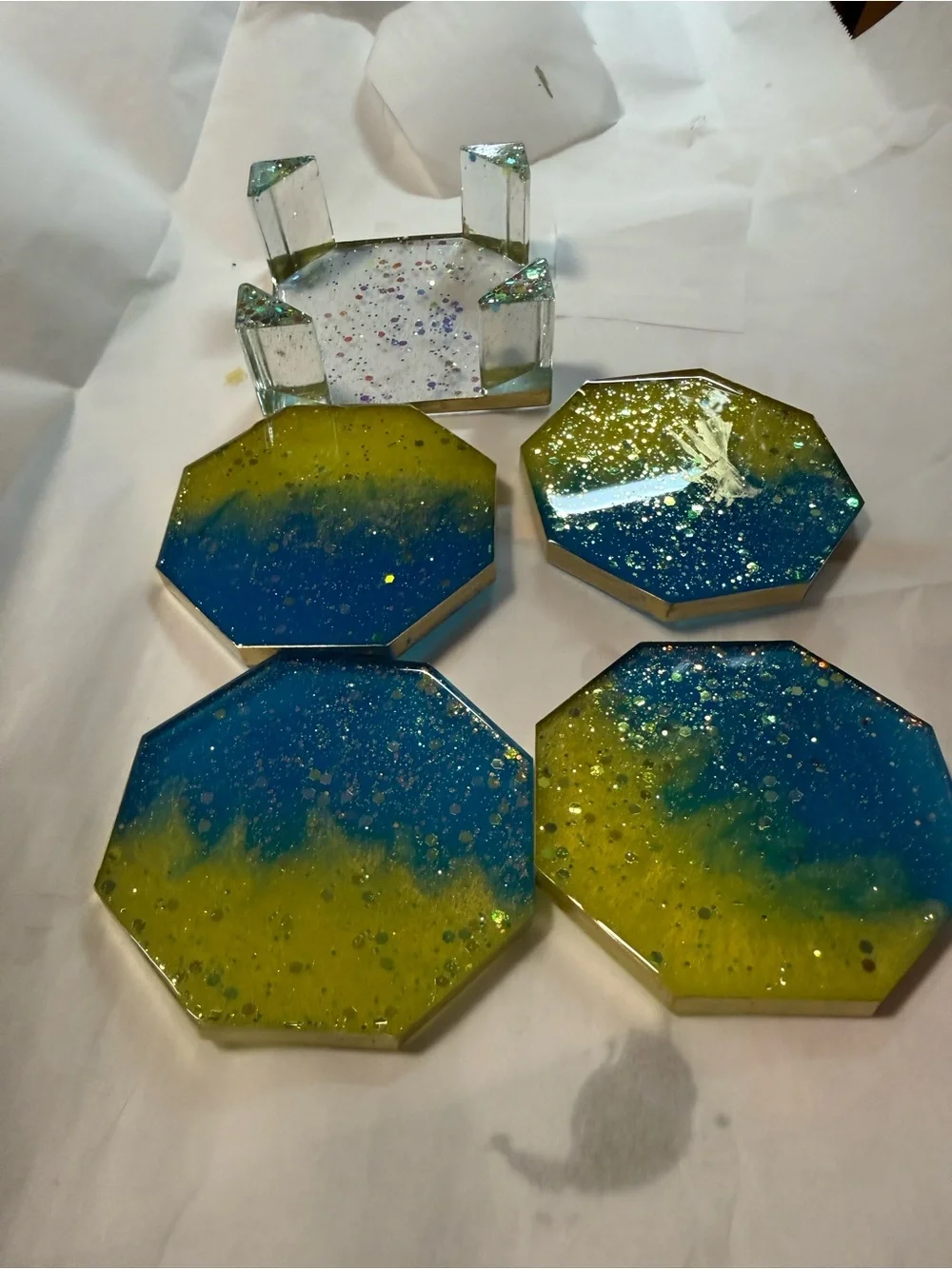 Blue and Yellow Octagonal Resin Coaster — Handmade Home Accent